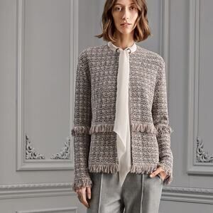 ST. JOHN Fall 2017 Ready-to-Wear Jacket Wool Blend Gray Fringed Open Size 10